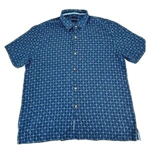 Tommy Bahama Silk Button Up Geometric Camp Shirt Blue Short Sleeve Large